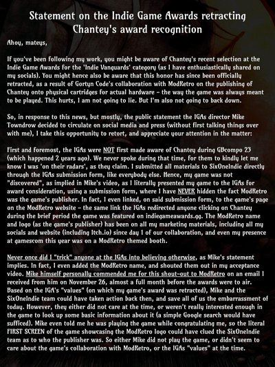 Театр лицемерия и абсурда: Организаторы Indie Game Awards отобрали награду у игры&nbsp;Chantey